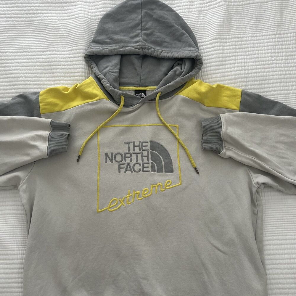 The North Face Extreme Hoodie Mens Large Oversized Boxy 90s Fleece Grey Yellow